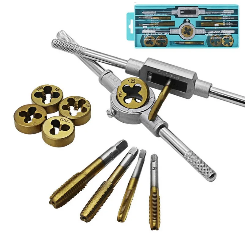 

12 Pcs Titanium Plating 1/4"-1/2" Tap Dies Set Adjustable M3-M12 Tap Wrench Thread Repair Tool Kits Screw Drill Taps Hand Tool
