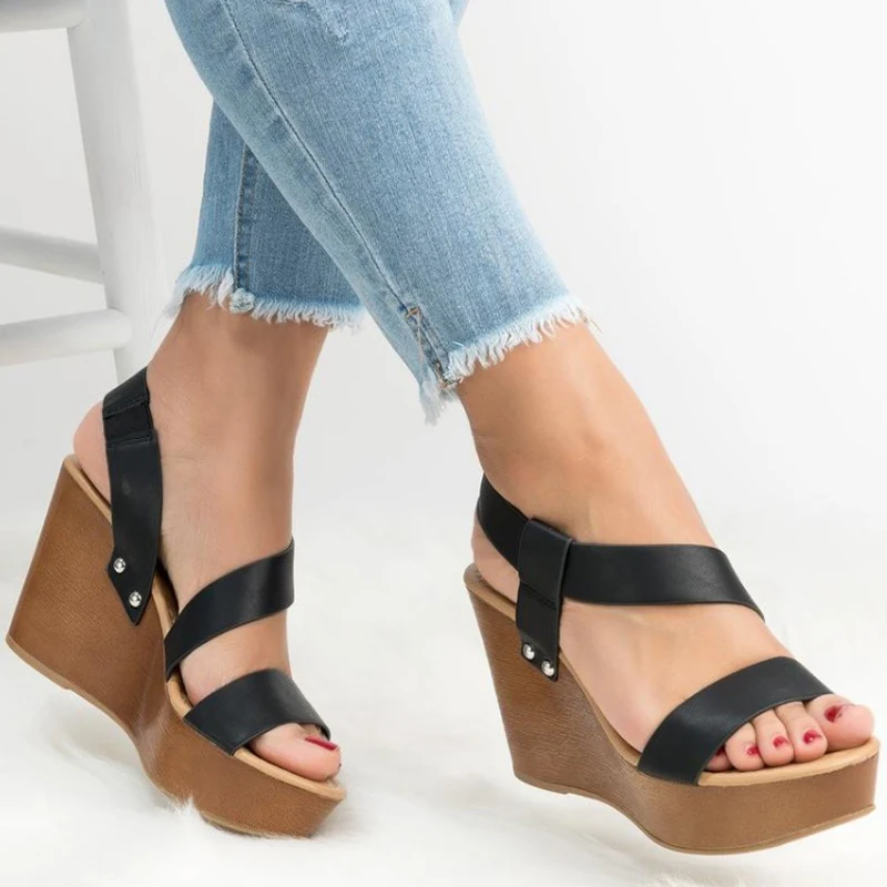 

Women leather Sandal High Wedges Heels Peep Toe Platform Height Increasing slip on Ladies Pump wedding shoes zapatos mujer A001W