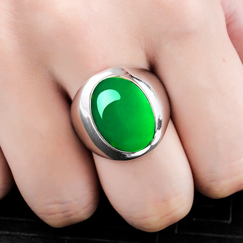 

12*16mm NOT FAKE S925 Sterling Silver Australia Emerald Rings Jade moldevite Chinatown oriental Retro Chalcedony