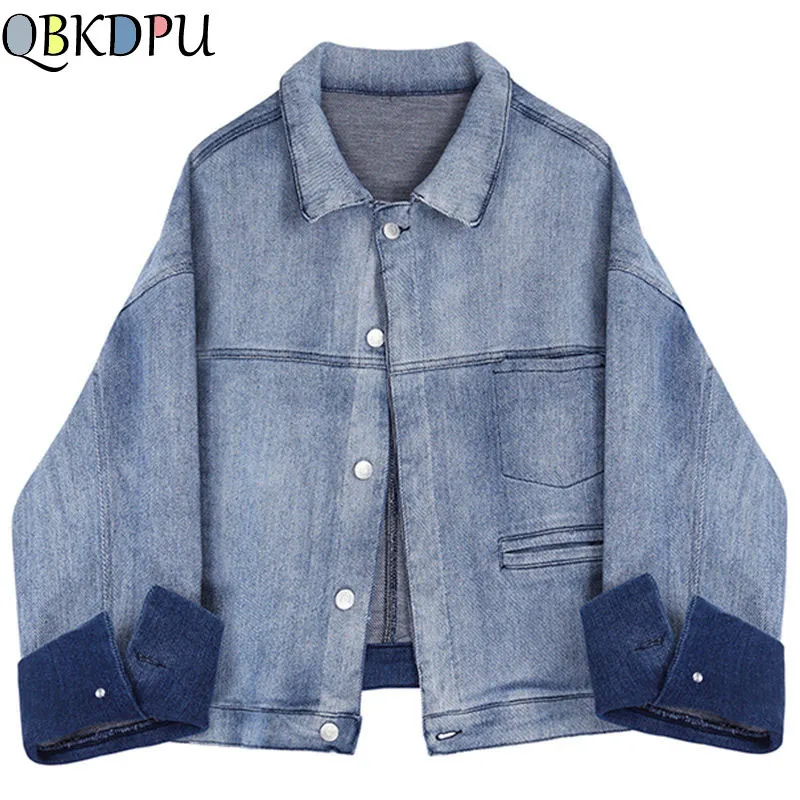 

Lapel Long Sleeve Blue Hit Color Pocket Loose Denim Big Size Jacket 2019 New Spring Summer Women jean Coat Fashion Tide outwear