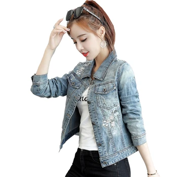 

Embroidered Short Denim Jacket Women Spring 2018 New Casual Fashion Slim Long Sleeve Denim Jacket Female Outwear Top Basic Coat