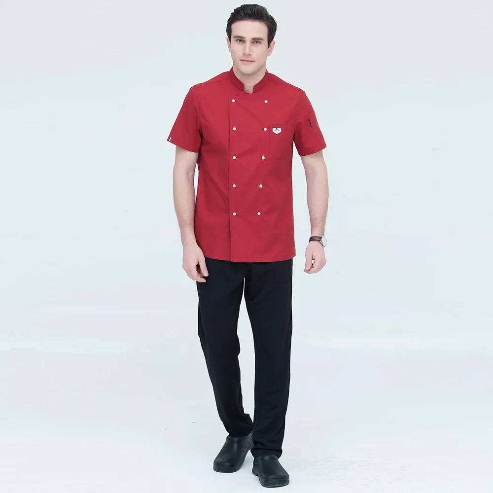 sanxiaxin Kitchen Chef Uniform Food Service Wholesale 4 colors Short Sleeve Double Breasted Bakery Cook Wear Chef Jacket & Apron