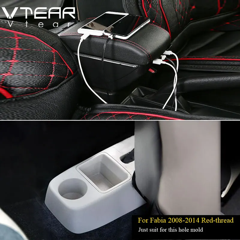 Vtear для Skoda Fabia/Fabia2 аксессуары автомобильный подлокотник кожаный подлокотник usb интерфейс коробка для хранения украшения центральная консоль авто - Название цвета: 2008-2014 Red thread