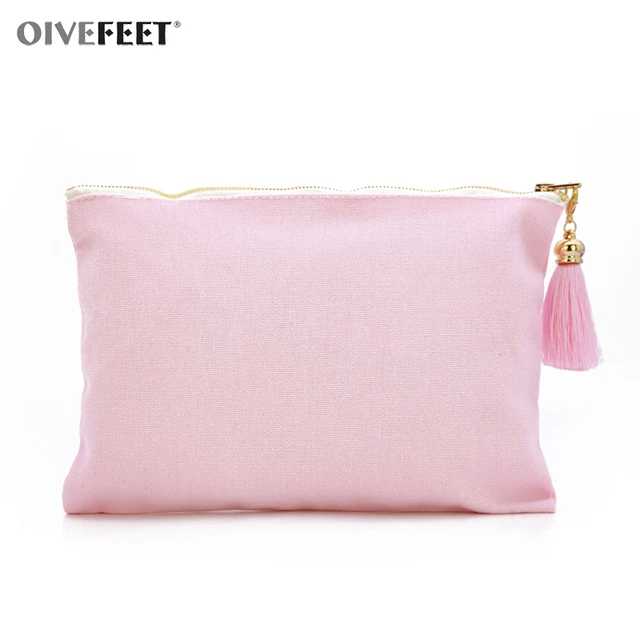 OIVEFEET LGC201,Plain Pink Cotton Canvas Cosmetic Bag Rayon Tassel Gold Zipper Makeup Pouch ...