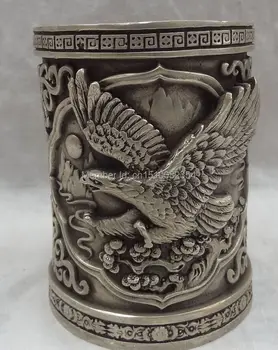 

Chinese Silver Fly Eagle Hawk Statue Brass Literati Pencil Vase Brush Barrel Pot