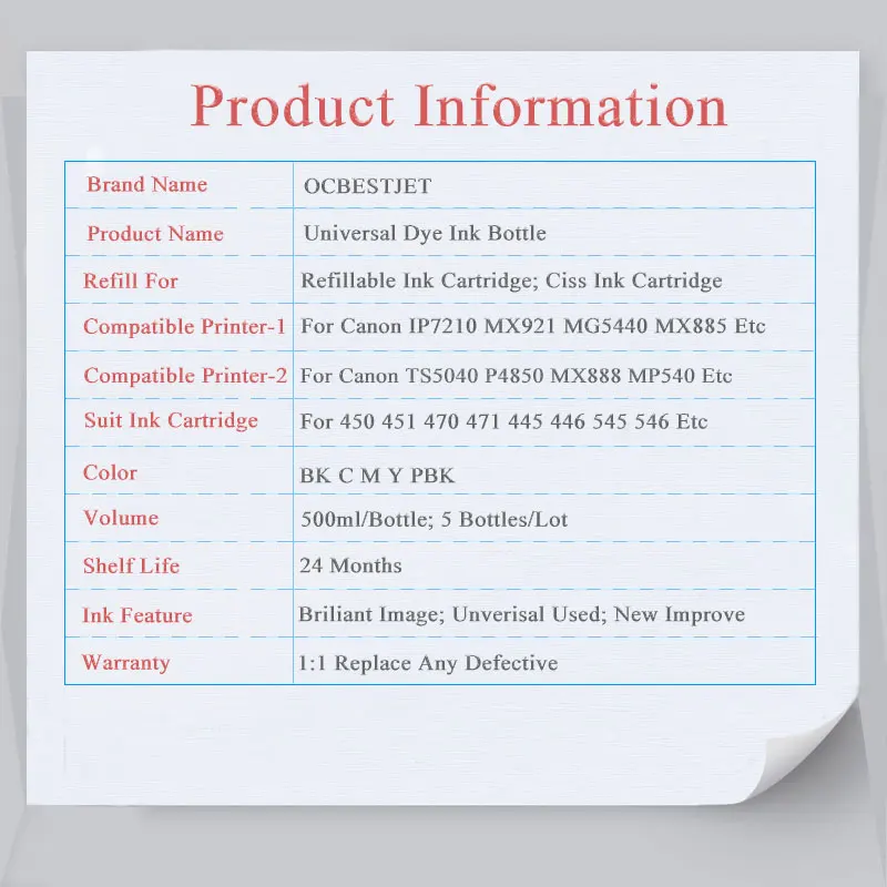 5x500 мл Заправка чернилами бутылка для Canon PGI250 PGI450 PGI470 ...