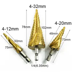 3 шт 1/4 "хвостовика высокопрочная сталь, спиральное Рифленое сверло пагода Форма отверстия Cutter 4-12/20/32mm карбид Титан шаг конуса сверло