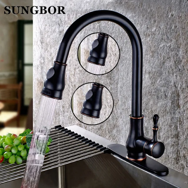 Special Price Brushed Brass Kitchen Faucet Black Finish Solid Pull Out Kitchen Mixers Tap 360 Degree Rotation Cold Hot Water Mixer Tap -9133H