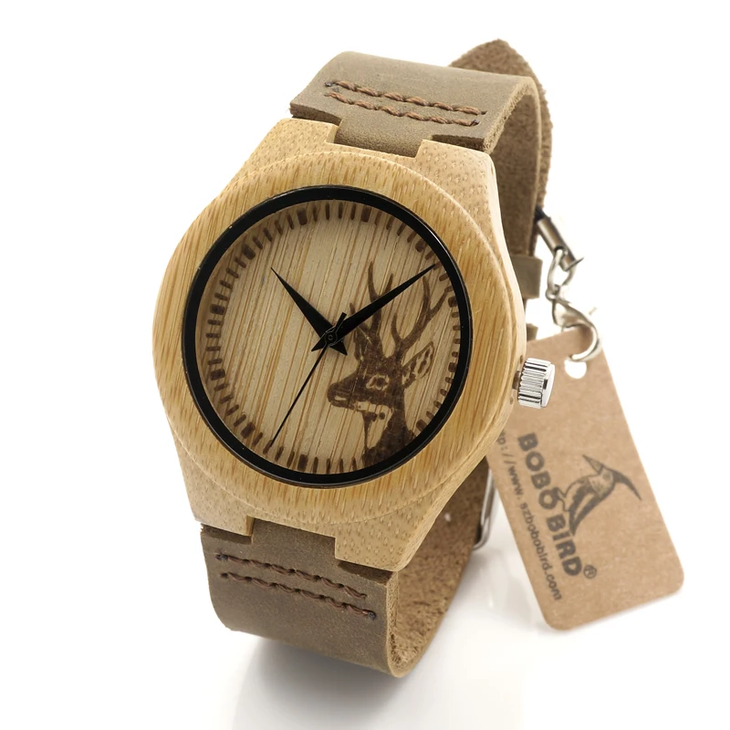 Prix pour 2016 Cerfs Tête Taille Bambou En Bois de Conception Hommes Femmes Montres De Luxe En Bois Montres À Quartz Avec Bracelet En Cuir Brun Prix pour 2016 Cerfs Tête Taille Bambou En Bois de Conception Hommes Femmes Montres De Luxe En Bois Montres À Quartz Avec Bracelet En Cuir Brun