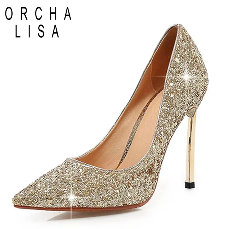 

ORCHA LISA Brand Bling Heels Pumps High Heel Shoes Shallow Flock Stiletto Thin Heels Slip-On Non-Slip Glitter Chaussures C117