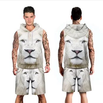 

sleeveless T-Shirt summer Set Men Run jogging Suits Fitness Sports Sets hooded Sleeve vest+shorts/2pc Gym Workout