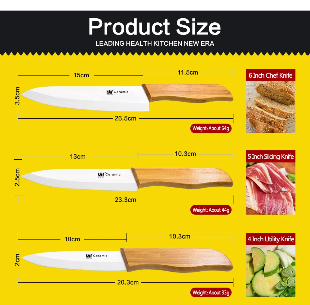 XYJ абсолютно 3 шт. набор кухонных ножей 4 дюймов утилита 5 дюймов нарезки 6 дюймов керамические ножи для шеф-повара с бамбуковой ручкой инструменты для приготовления пищи