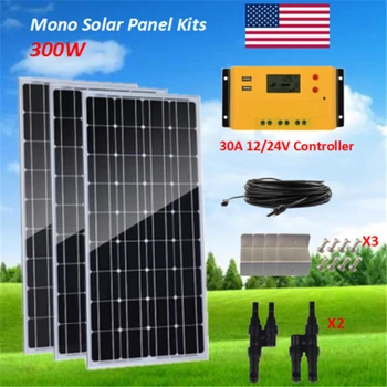 

300W Monocrystalline Solar Panel 3 x 100W Solar Panel Kit off Grid System 30A Charge Controller for 12V Battery RV