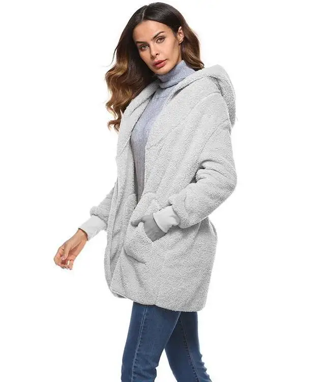 Новогоднее весеннее пальто из искусственного меха плюшевого мишки, женская модная куртка с капюшоном и открытой строчкой, Женская пушистая куртка с длинным рукавом