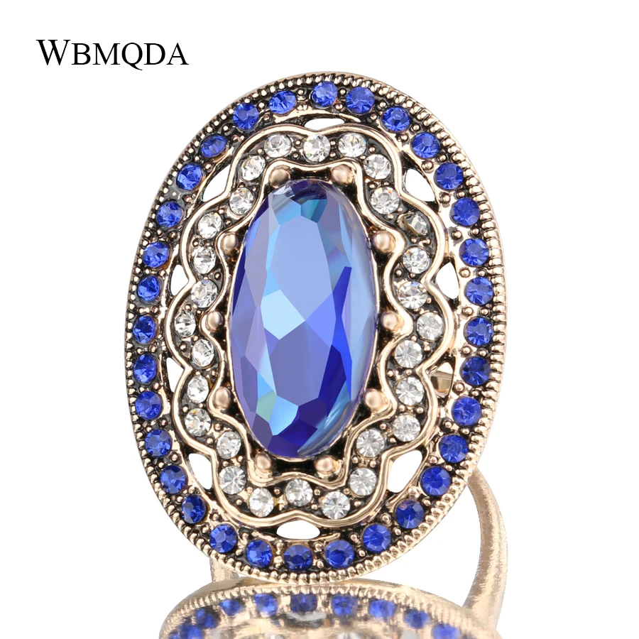 

Bohemian Charms Jewelry Blue Crystal Resin Statement Ring Antique Gold Big Finger Rings For Women Fashion Party Accessories