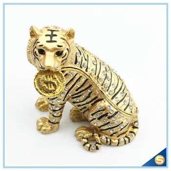

Tiger Animal Collectible Statue Figurine Pewter Crystal Cute Money Tiger Jewely Trinket Box