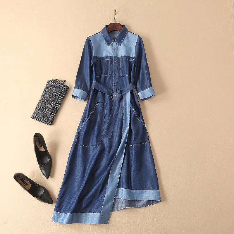 High Quality Denim Dress 2019 Spring Summer Casual Jeans Dress Ladies Turn-down Collar Color Block Patchwork Blue Denim Vestidos