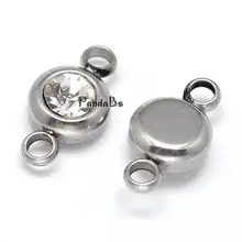 Flat Round 304 Stainless Steel Cubic Zirconia Links, 1/1Loop, Stainless Steel Color, Clear, 12×6.5x4mm, Hole: 2mm