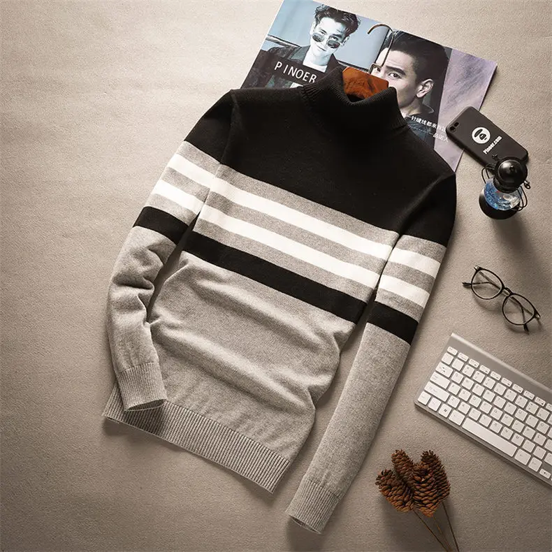 MuLS 2018 New Turtleneck Sweaters Pullover Men Cotton Knit Sweater Jumpers Male Autumn Winter Knitwear Red Balck Wine red Navy-04