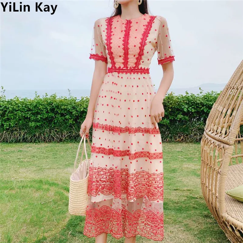 

YiLin Kay High-end custom summer Fashion runway Women's dress 2019 woman A polka-dot round-neck embroidered dress vestidos