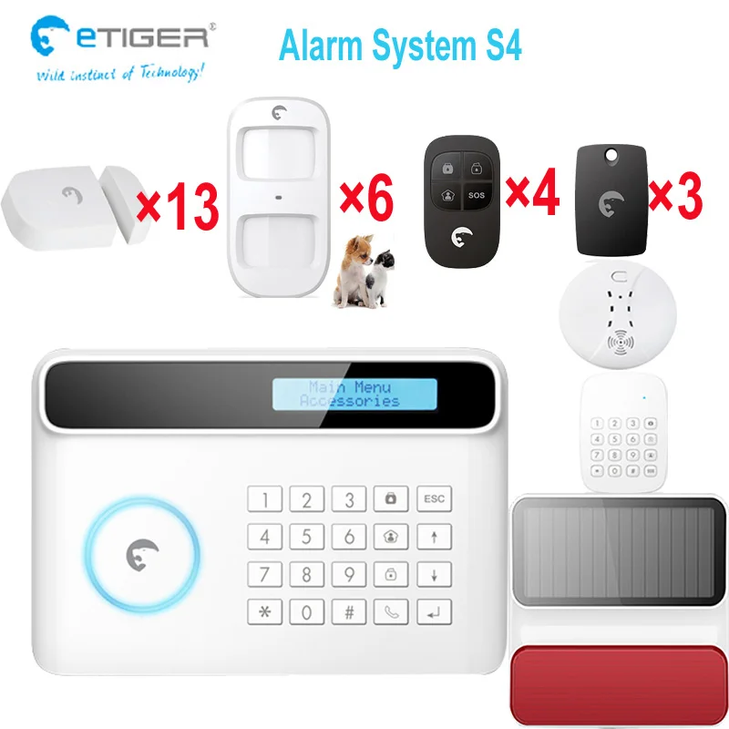 Free Shipping!Fire gsm alarm system SMS report eTIGER S4 APP alarm system with smoke detectorkeypadwireless solar power Siren
