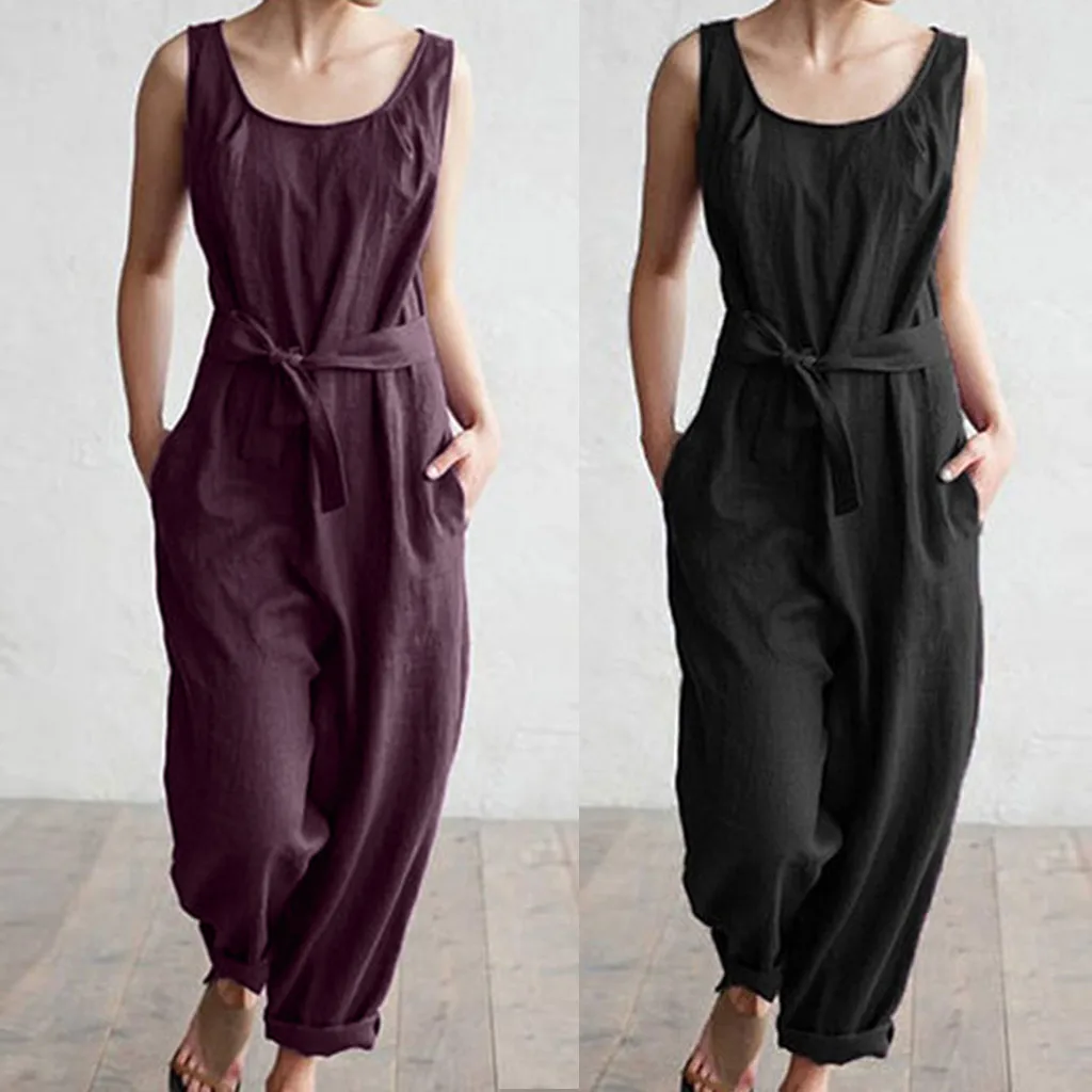 Womail Fashion Women With Belt Solid Linen Sleeveless Casual Cute Pockets Jumpsuits Playsuits