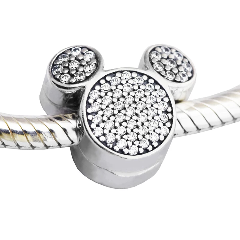 Fits Pandora Bracelet 2016 Winter Christmas Mickey Mouse Ears Charm Clear CZ 925 Sterling silver jewelry DIY charm wholesale