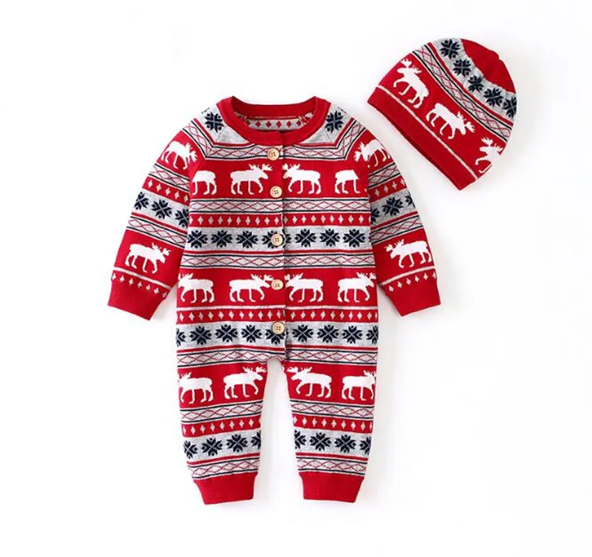 Christmas Baby Romper Deer Knitted Baby Clothes Newborn Baby Boy Girl Clothes Costume Cotton Infant Baby Jumpsuit With Hat