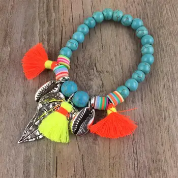 

Natural Big Stone Mala Beads Alloy Leaf Sea Shell colorful cotton tassel pendant Charms Bracelet Meditation Ethnic Jewelry