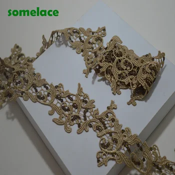 

5yds 7cm wide Brown Fluorescent Gold thread floral venice lace trim for garments and wedding decoration