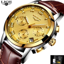 LIGE Men's Watches Fashion Brand Chronograph Quartz Watch Men Leather Casual Military Sport Wrist Watch Gold Relogio Masculino