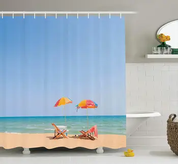 

Seaside Decor Shower Curtain Beach Chair Umbrella on Beach Leisure Tourist Attractions Decorative Photo Bathroom Accessories