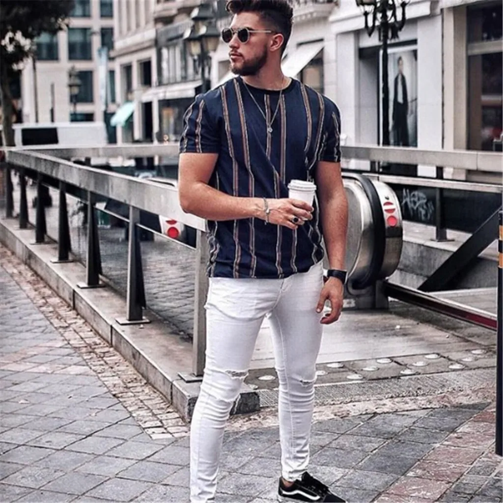 

Man M-3xl Size Summer Short-sleeved Cotton T-shirt Fashion Casual Fat Guy Loose Vertical Striped Large Size Shirt Man hot sale