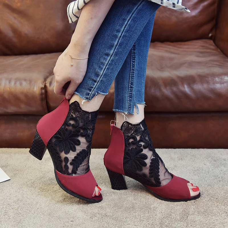 

High Heels Sandals Women Back Zipper Sandals Summer Women Mesh Shoes Fish Mouth Open Toe Shoes Ladies High Heel sandalias mujer