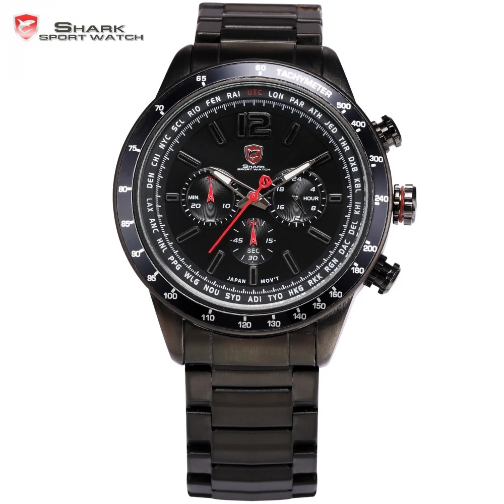 

Pacific Angel Shark Sport Watch Chronograph Relogio Black Red Full Steel Strap Clock Military Men Quartz Wristwatch Gift / SH315