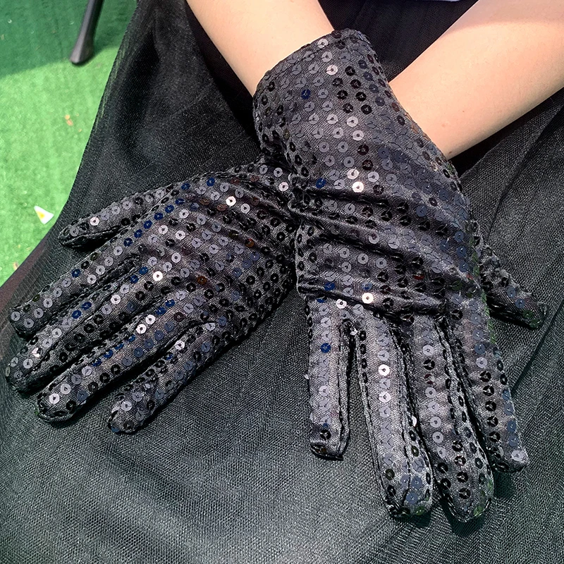 8 Colors Fashion Boys Girls Men Women Bling Bling Performance Gloves Sequin Dance Gloves Stage Effect Shining Mittens - Color: Black