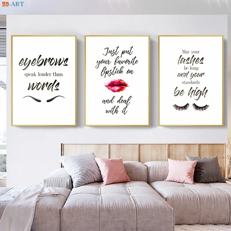 

Fashion Wall Art Eyelashes Lipstick Eyebrows Print Makeup Quotes Poster Mascara Sign Canvas Painting Pictures Girls Room Decor