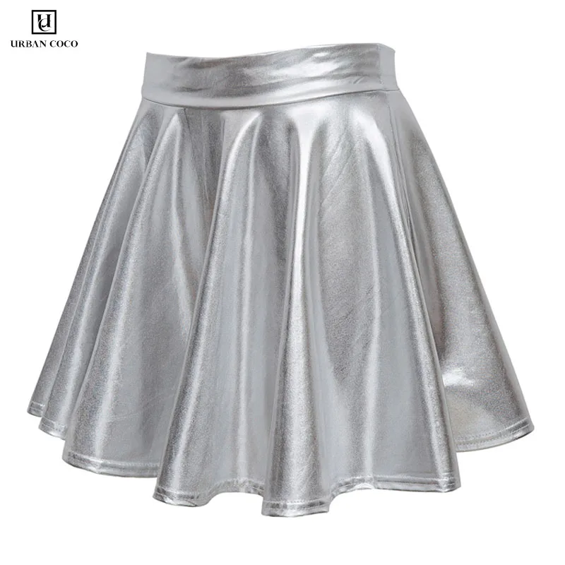 

Urban CoCo Shiny Metallic Wet Look Flared Pleated Solid Color Mini Skater Skirt For Women
