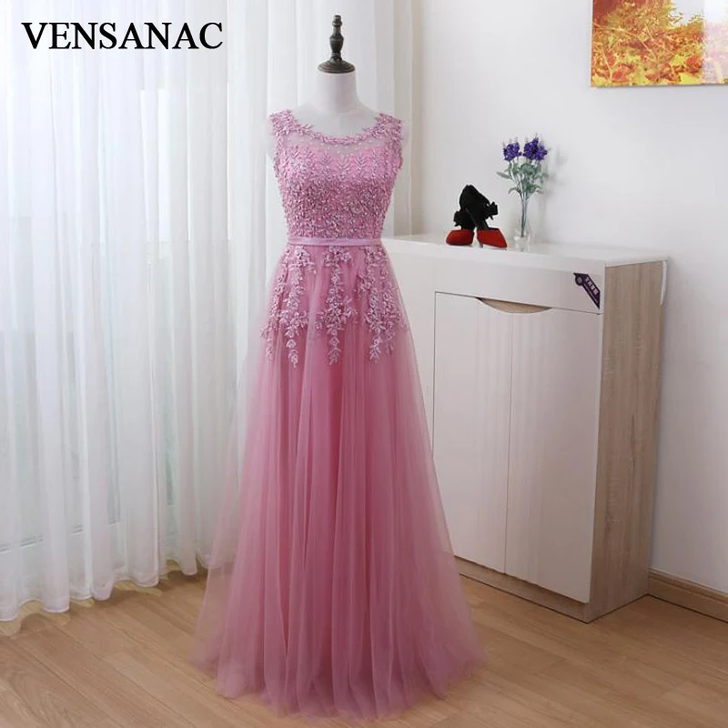 

VENSANAC O Neck Lace Appliques A Line Long Evening Dresses 2018 Party Pearls Sash Illusion Zipper Back Prom Gowns