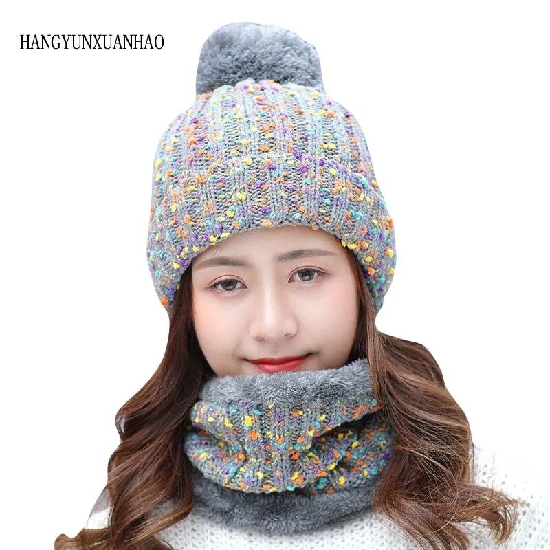 HANGYUNXUANHAO/Теплая Лыжная шапка для девочек, новинка года, брендовые вязаные шапки, шарф, шапка, комплект, Зимняя женская Шапка-бини, толстая женская шапка с черепами