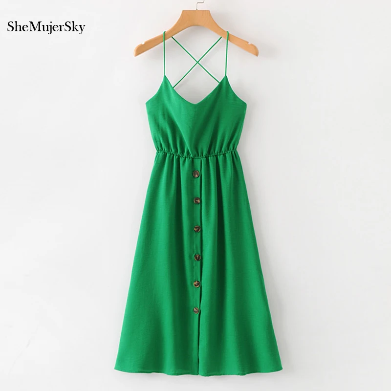 SheMujerSky женское зеленое миди летнее платье Спагетти ремень Bodycon бандажные платья с открытой спиной vestidos largos de verano casual