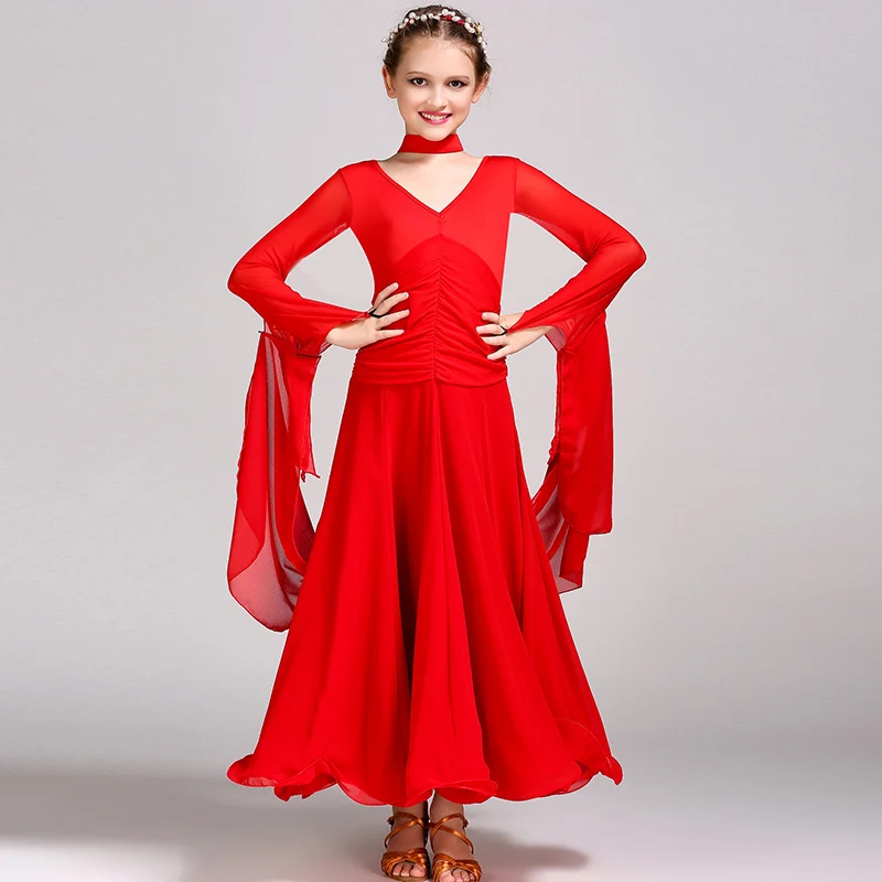 

Girls Ballroom Dresses Milk Silk Long Sleeve Modern Dance Costumes For Kids Ballroom Standard Dance Competition Dresses DNV10239