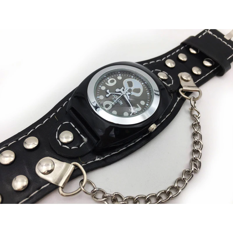 retro punk watch men cool mens quartz watches black leather strap chain skull dial wristwatches for men drop shipping (5)