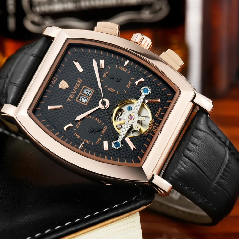 Cena TEVISE zegarek męski automatyczny Tonneau Dial Steampunk Tourbillon zegarki mechaniczny własny wiatr skórzany kalendarz zegarki na rękę 8383B