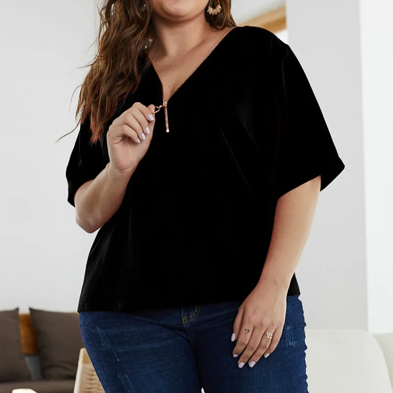 Women Tops Autumn Blouse Shirts Plus Size 4XL Solid Black Shirt Female Blusas Oversized Zippers Summer Blouses Shirt Femme A047