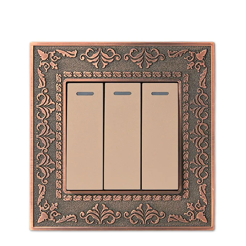 

Wall Switch 3 Gang 2 Way, 86 Antique Copper Carved Zinc Alloy Switch Panel, 10A AC110-250V