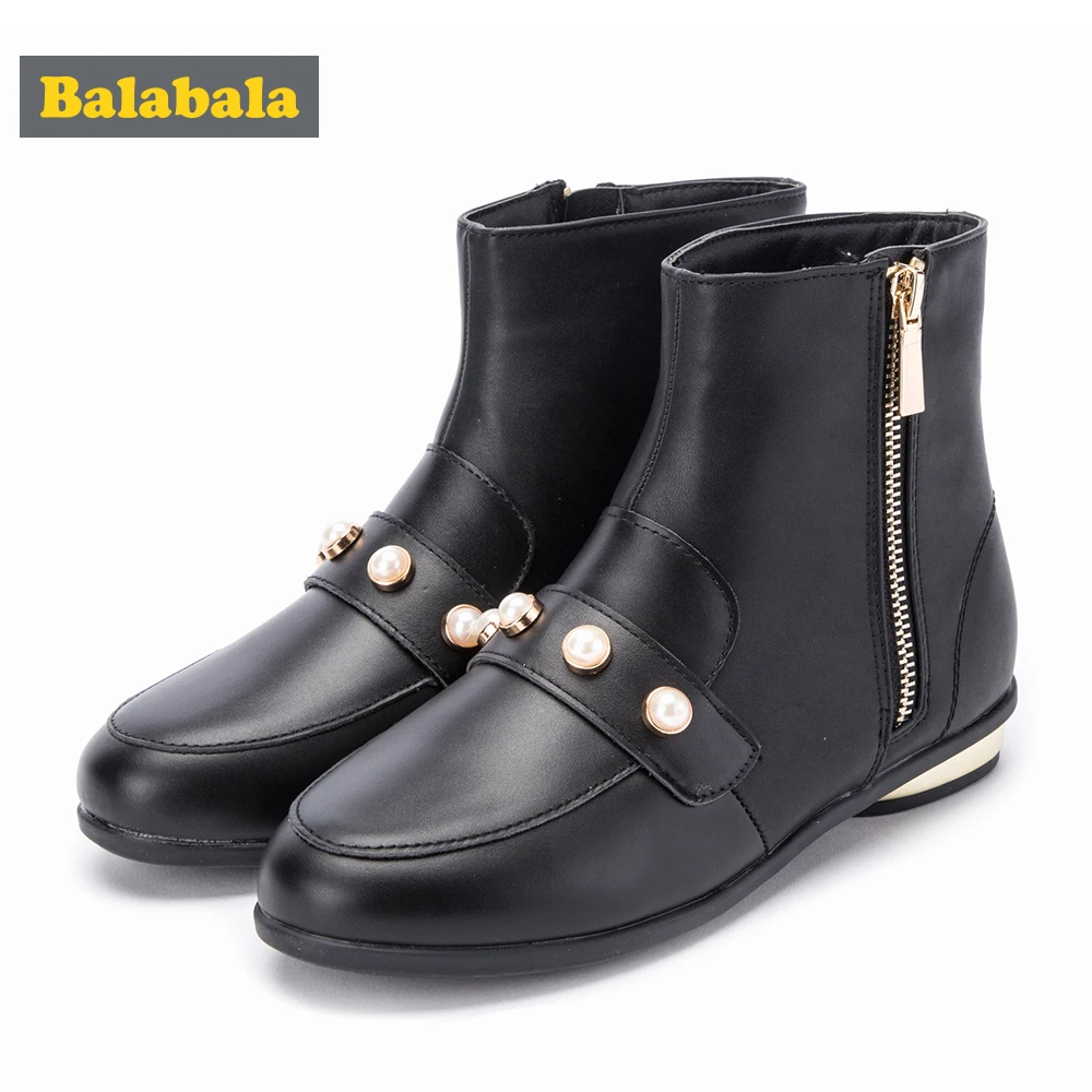 

Balabala Girls Fleece-Lined Boots with Zipper Teenage Girls Boots with Bead Fashion PU Leather Boots with Low Heel for Winter
