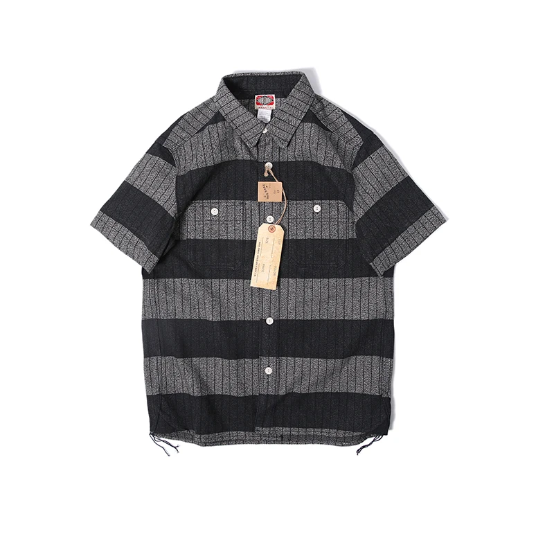 

BOB DONG Prison Style Moto Salt & Pepper Gray Black Striped Short Sleeve Shirts