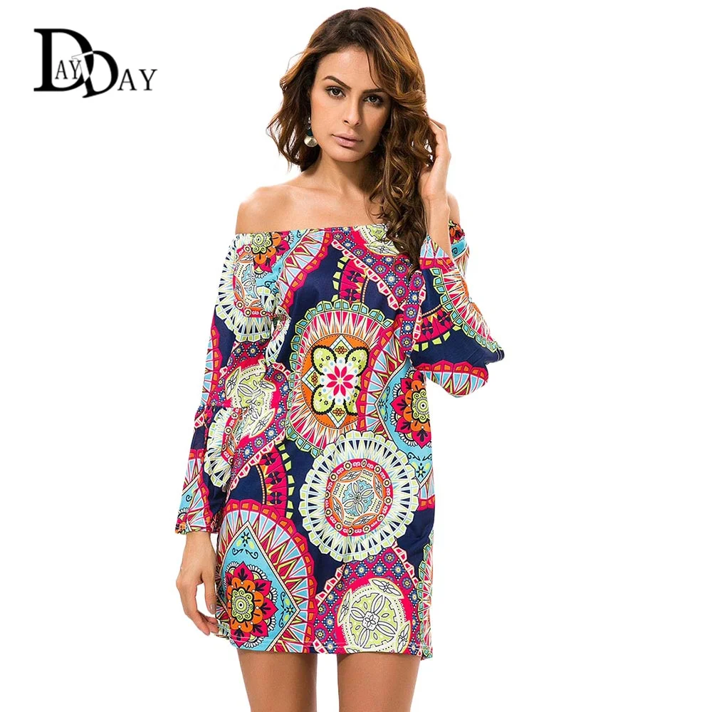 Buy Cheap 2016 Summer Women Casual Off Shoulder Dress Bohemian Tropical Flower Print Vintage Mini Beach Party Dress C147