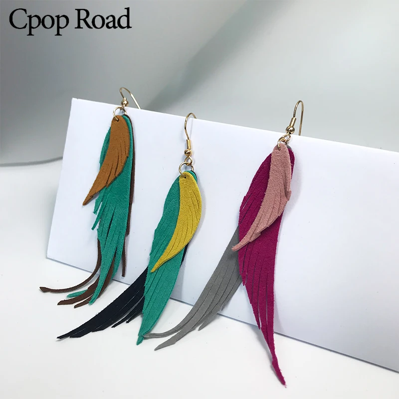 

Cpop Angel Wing Three Layers Genuine Goat Leather Earrings Women Statement Leather Tassel Earrings Fashion Jewelry Accessories